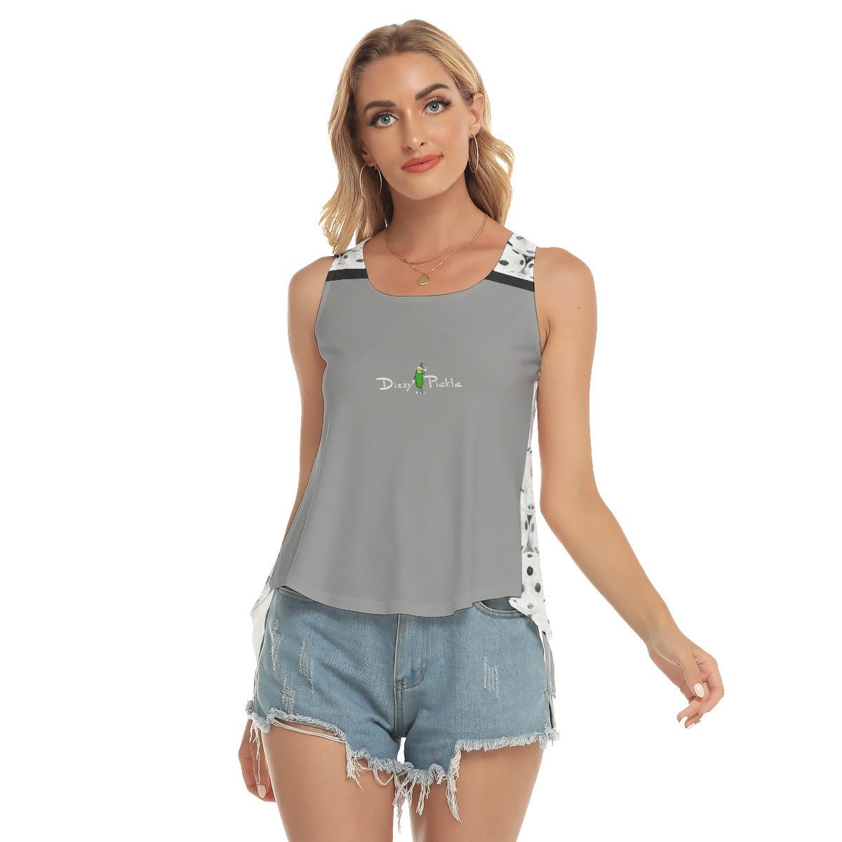 Dizzy Pickle Heidi BKW Gray/Balls Women's Pickleball Open-Backed Tank Top