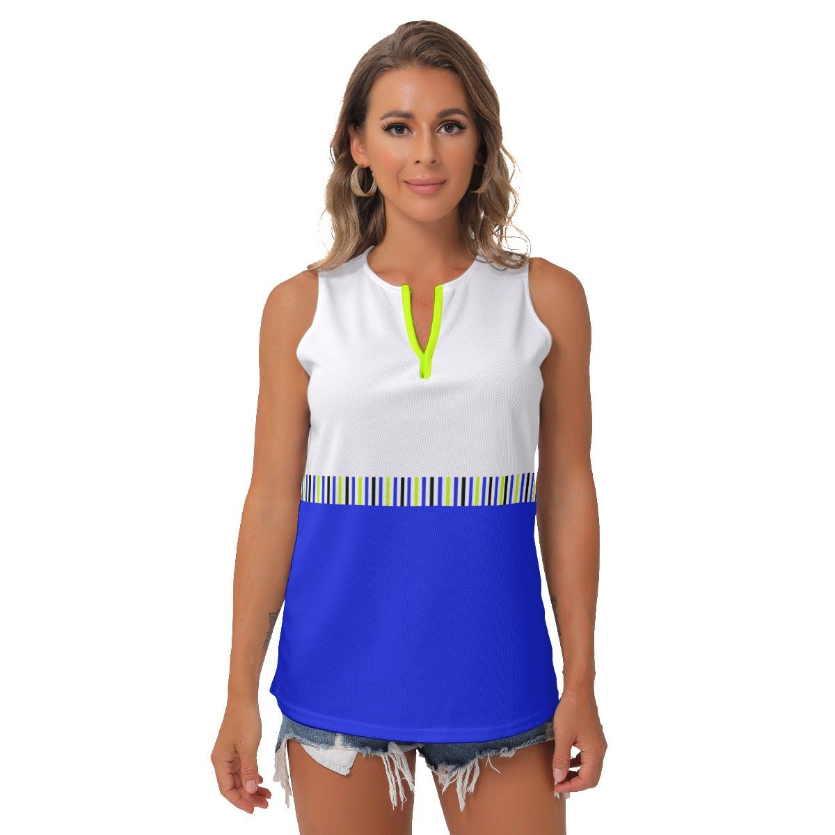 Dizzy Pickle Connie Blue/White/Stripes Women's Pickleball Sleeveless V-Neck Top