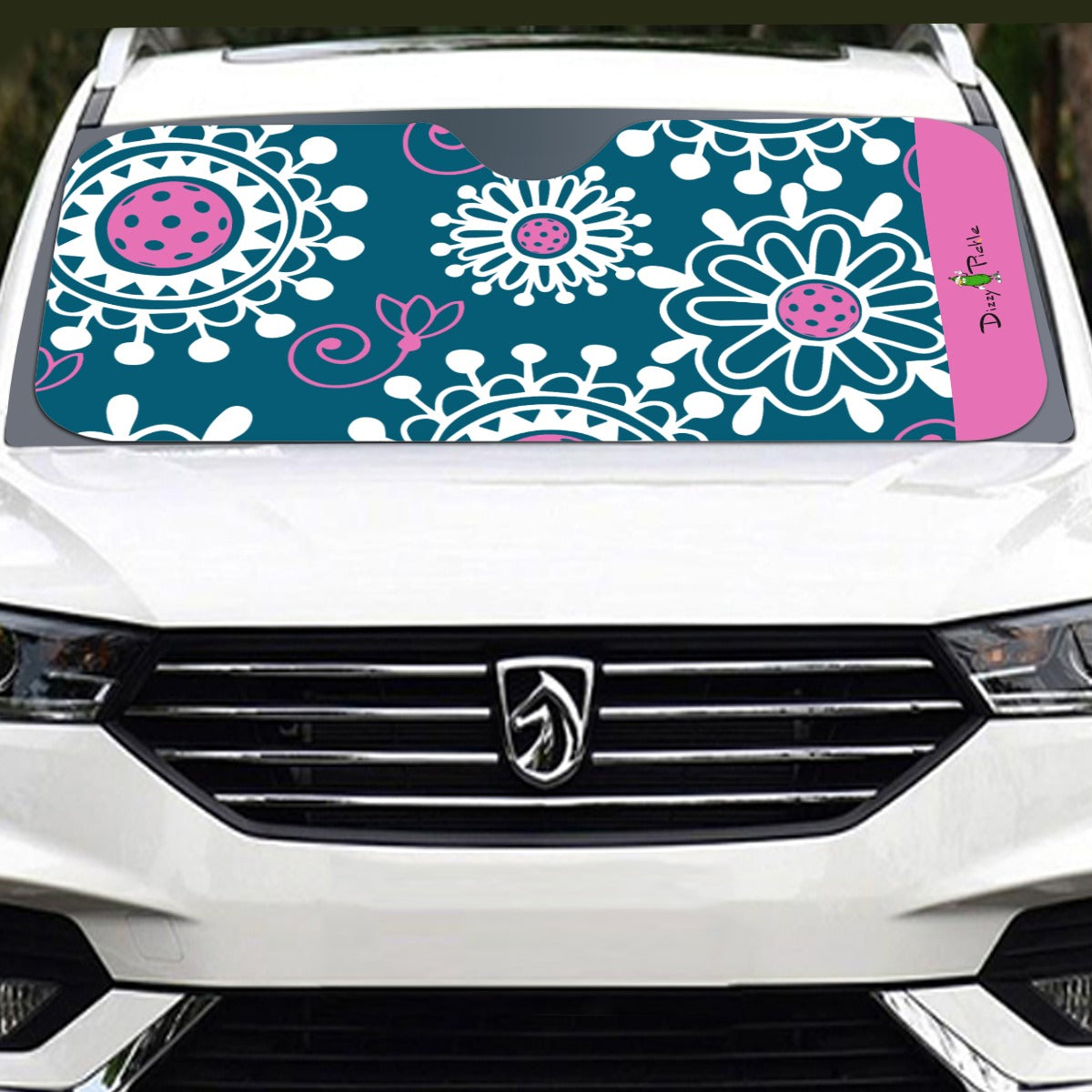 Coming Up Daisies - Peacock/Pink - Pickleball Windshield Sunshade by Dizzy Pickle