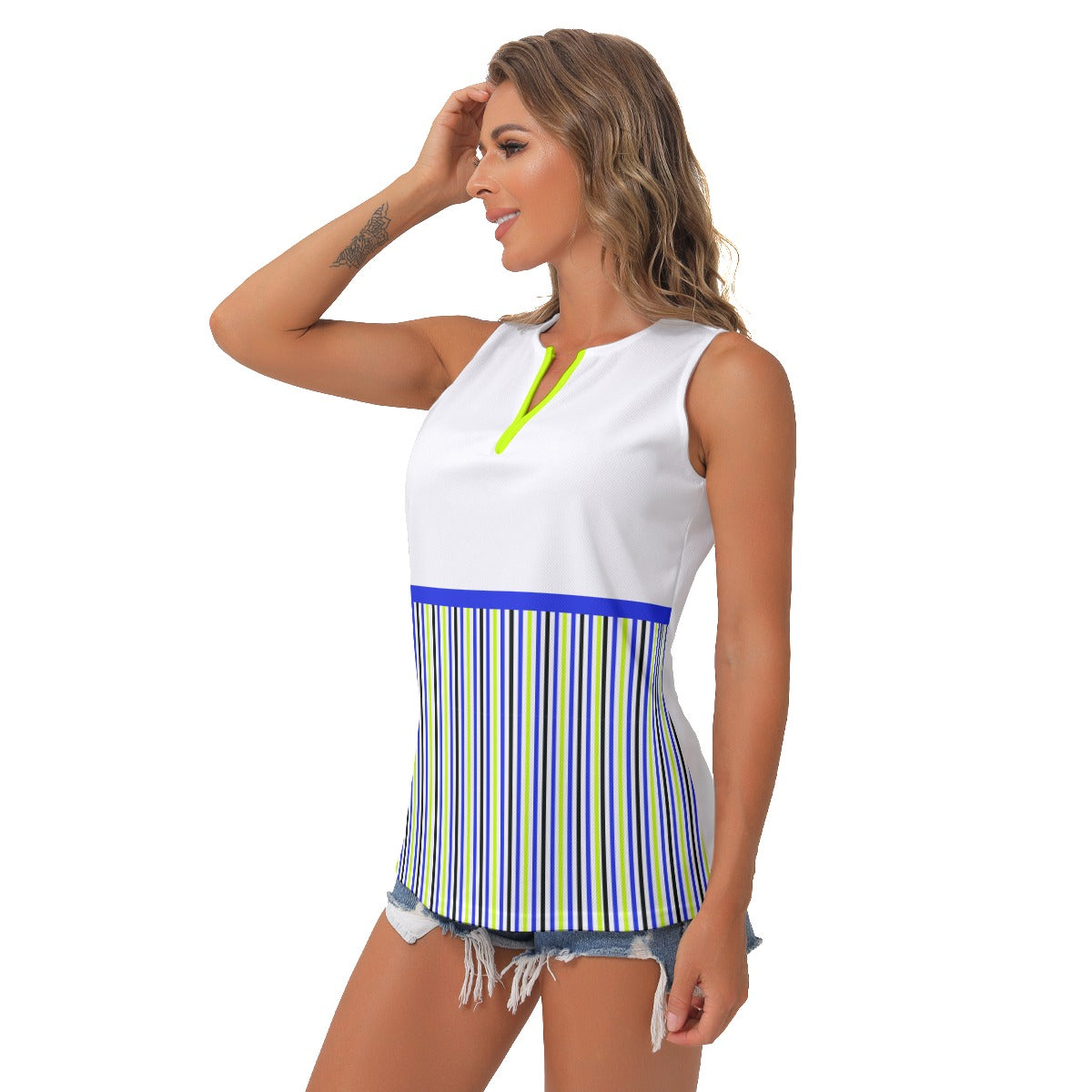 Dizzy Pickle Connie White/Stipes Women's Pickleball Sleeveless V-Neck Top