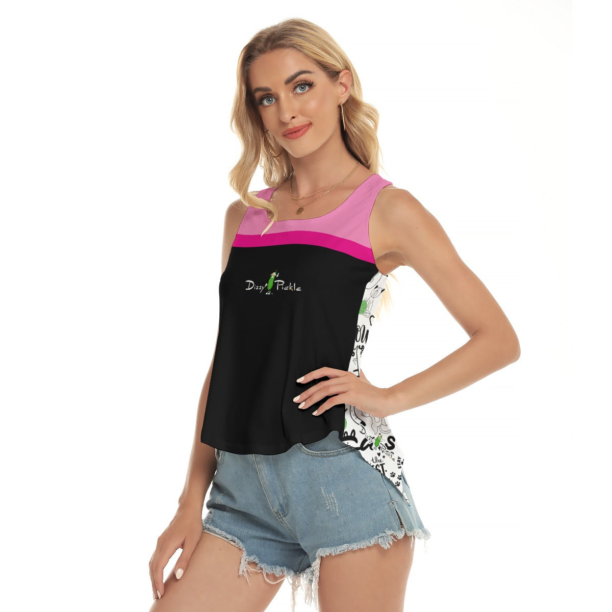 Dizzy Pickle Sassy Black Pink Women's Pickleball Open-Backed Sleeveless Tank Top