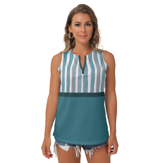 Heidi - TW - Stripes/Teal - Women's Pickleball Sleeveless V-Neck Top by Dizzy Pickle