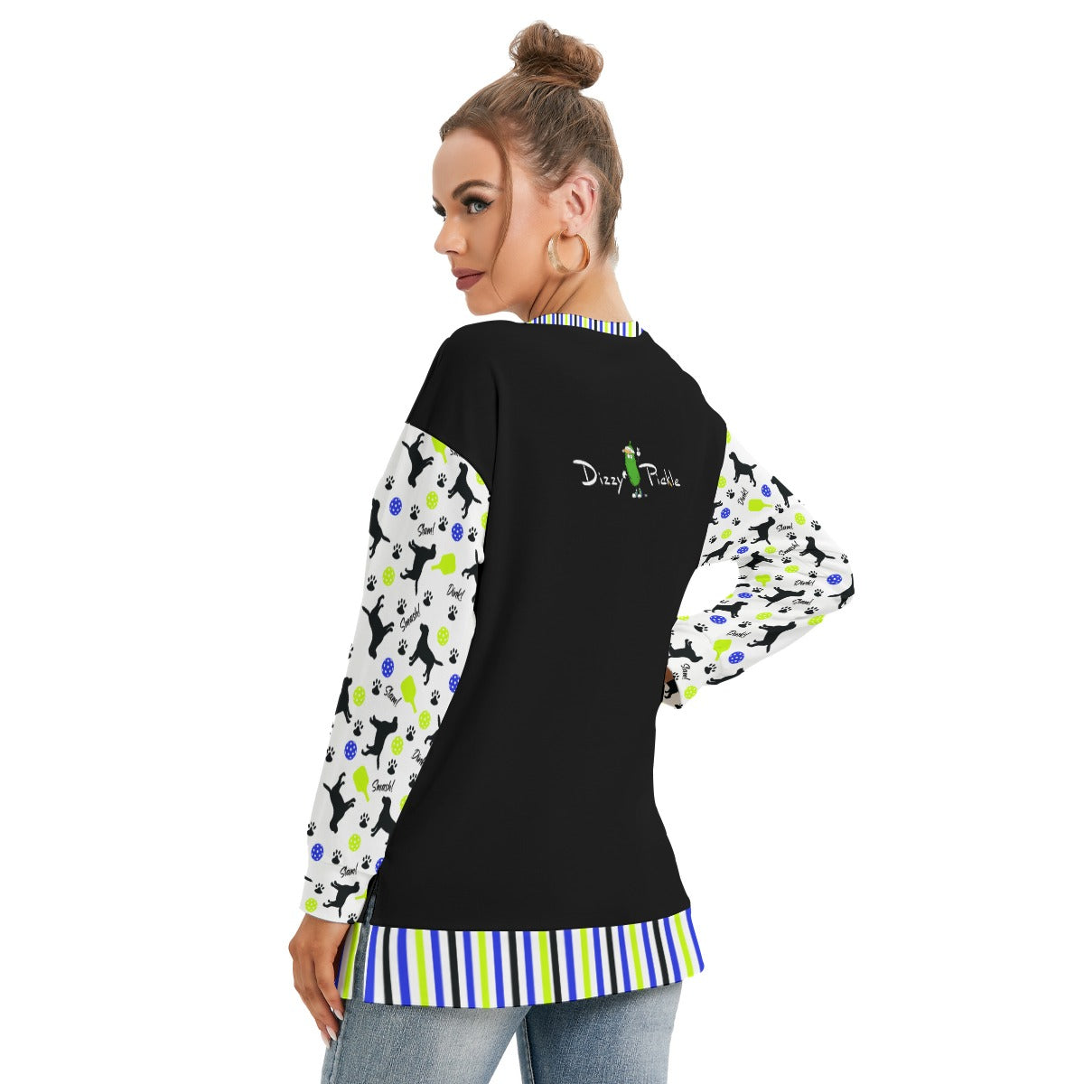 Dizzy Pickle Connie Black Women's Pickleball Side Split O-Neck Sweatshirt