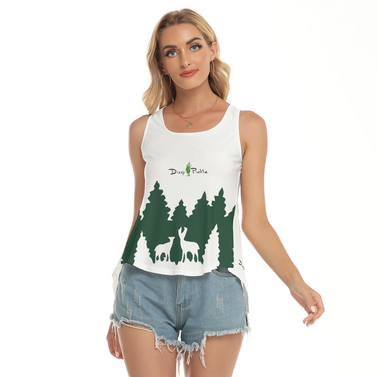 Dizzy Pickle Christmas Evergreen Deer Women's Pickleball Open-Backed Sleeveless Tank Top