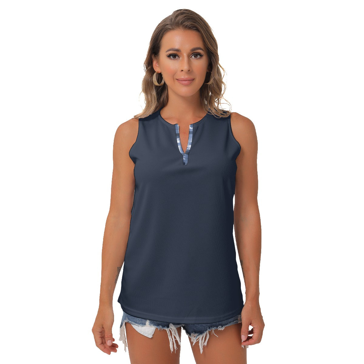 Heidi - BW - Dark Blue - Women's Pickleball Sleeveless V-Neck Top by Dizzy Pickle