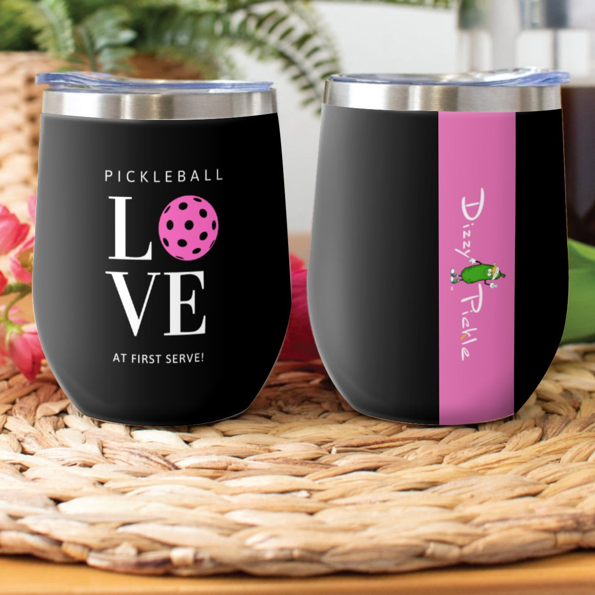 Pickleball Love at First Serve - Pink/Black - Stainless Steel Wine Tumbler by Dizzy Pickle