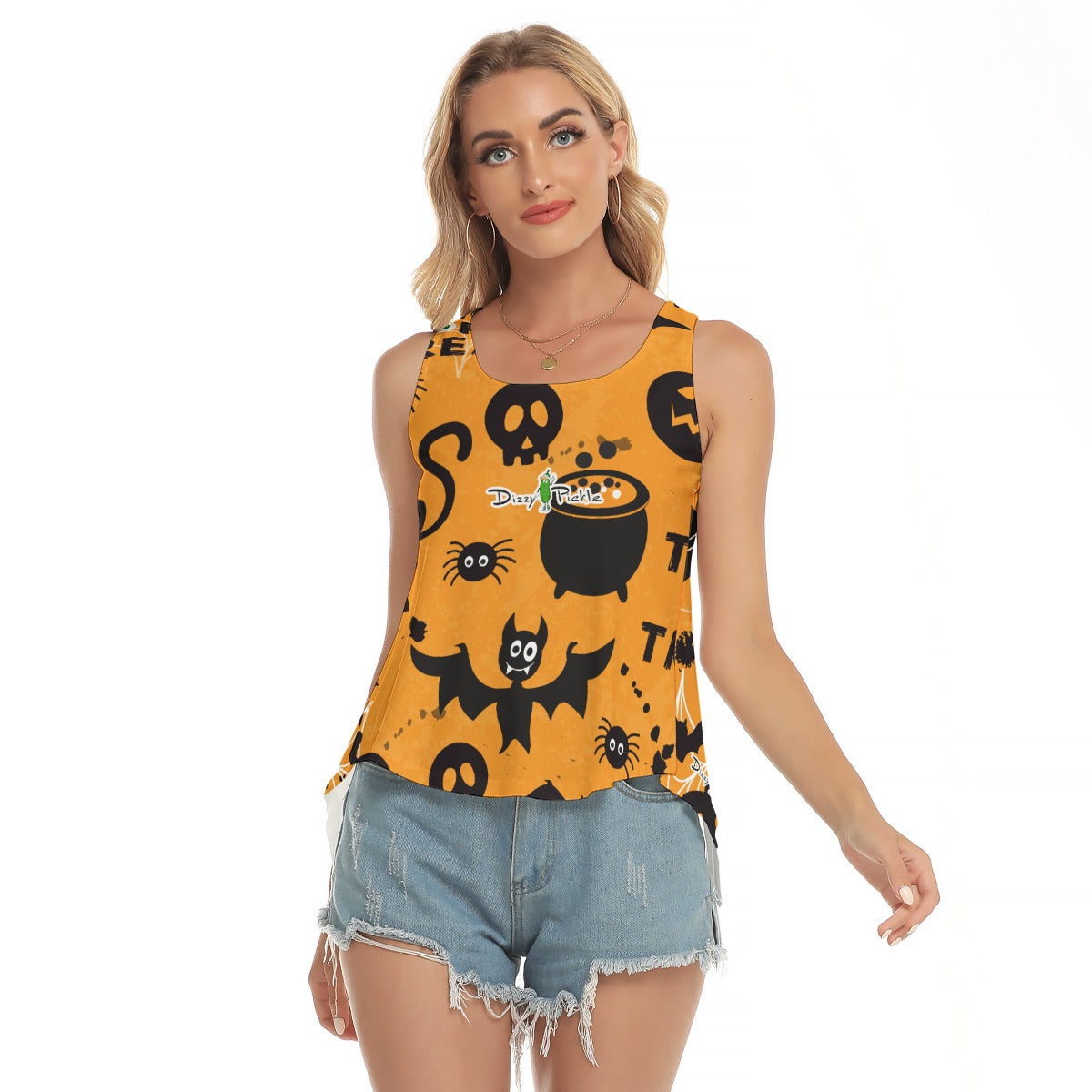 Dizzy Pickle Halloween Trick or Treat Orange Women's Pickleball Open-Backed Sleeveless Tank Top