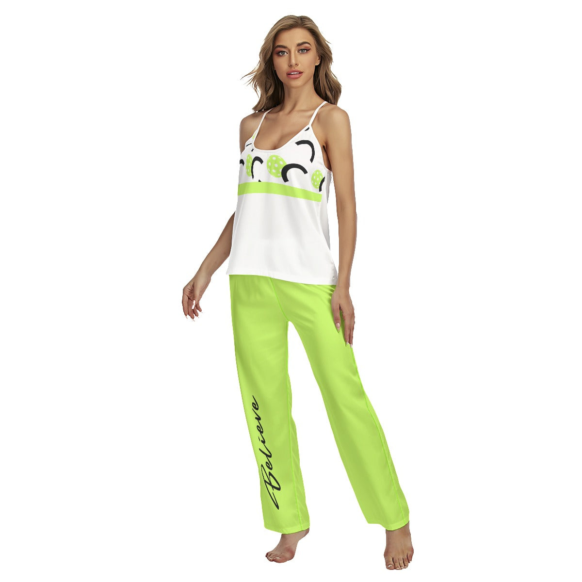 Dizzy Pickle Believe White Women's Pickleball Cami Pajamas Set with Long Pants