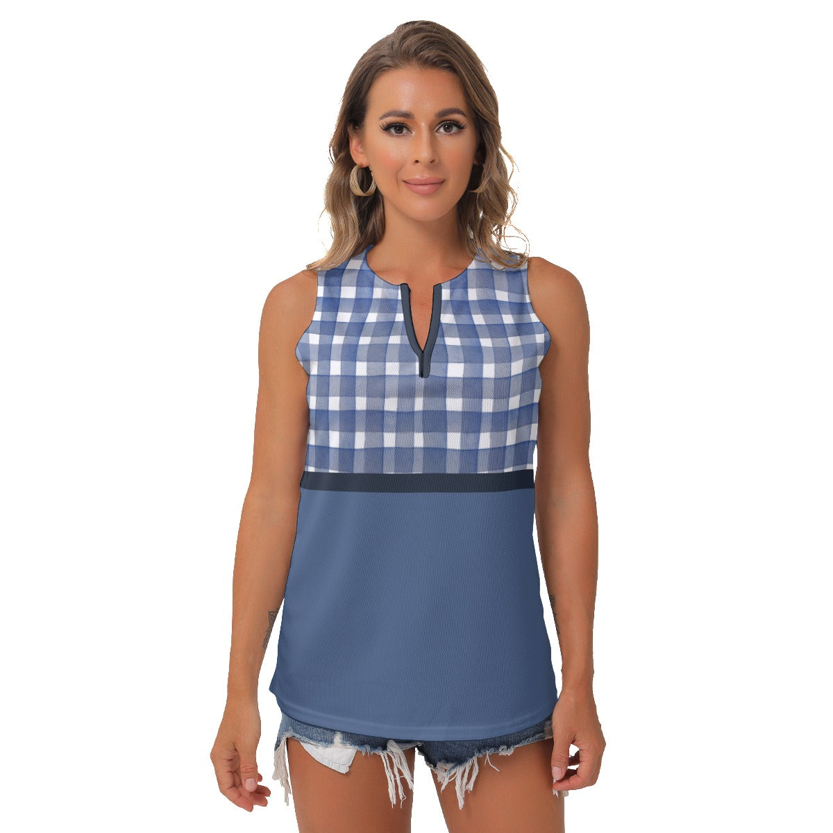 Dizzy Pickle Heidi BW Gingham/Blue Women's Pickleball Sleeveless V-Neck Top