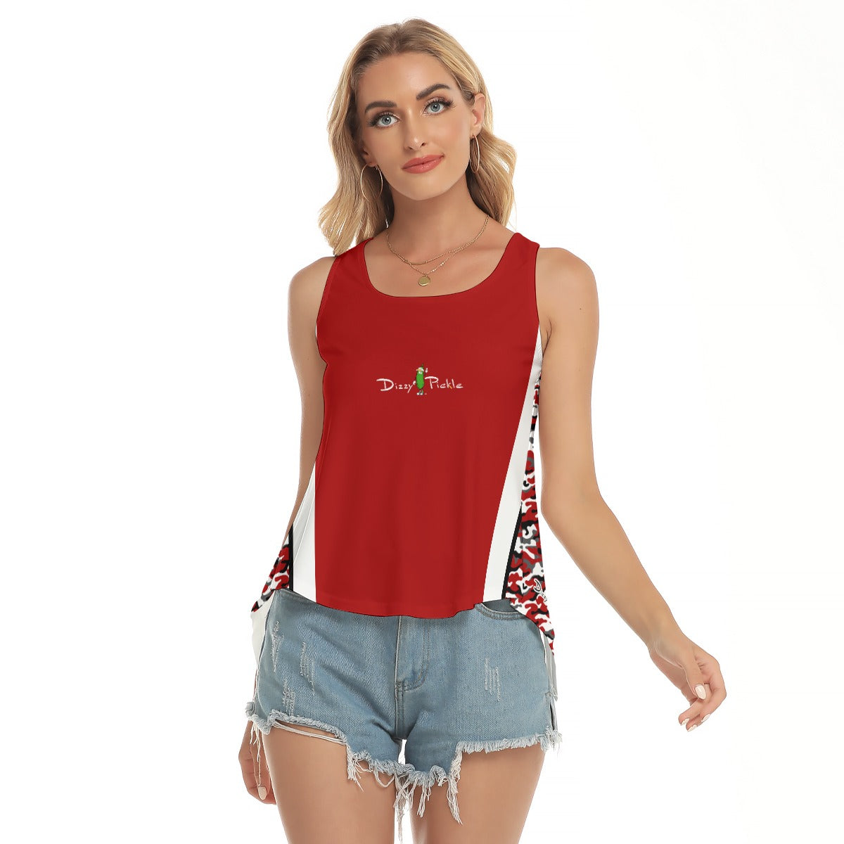 Dizzy Pickle Jan Red White Women's Pickleball Open-Backed Sleeveless Tank Top