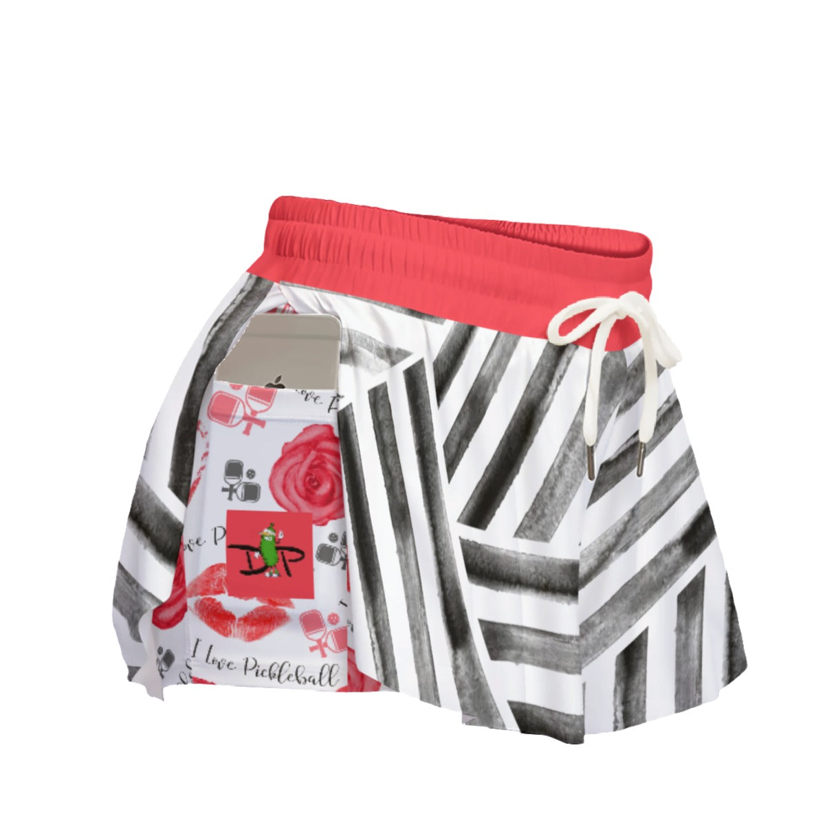 Dizzy Pickle Hearts and Roses Stripes Women's Sport Culottes Skorts with Inner Shorts and Pockets