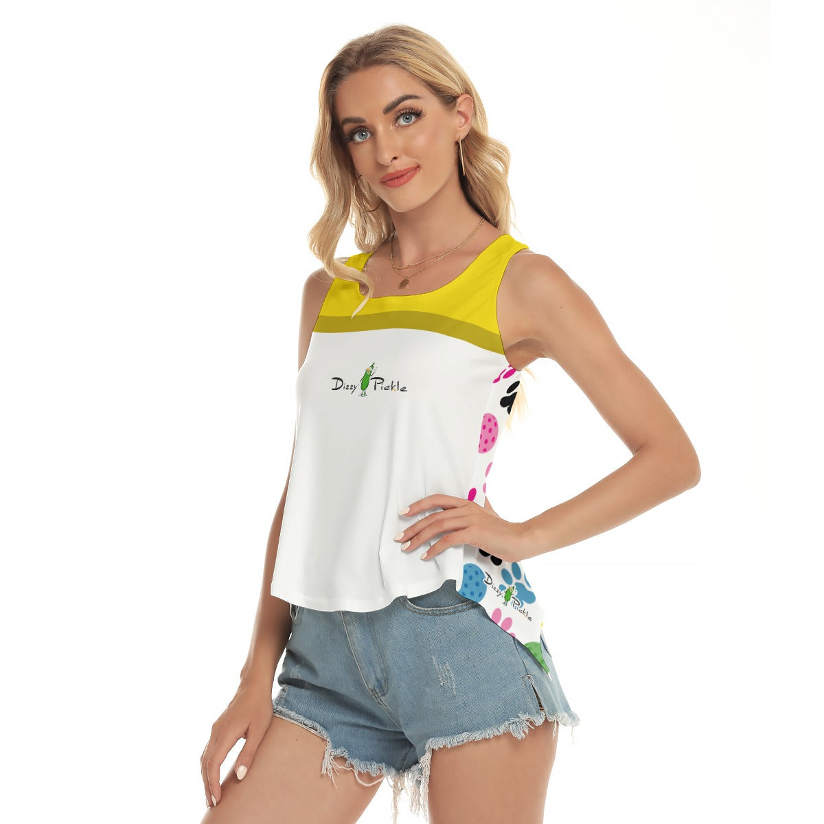 Dizzy Pickle Sassy White Yellow Women's Pickleball Open-Backed Sleeveless Tank Top