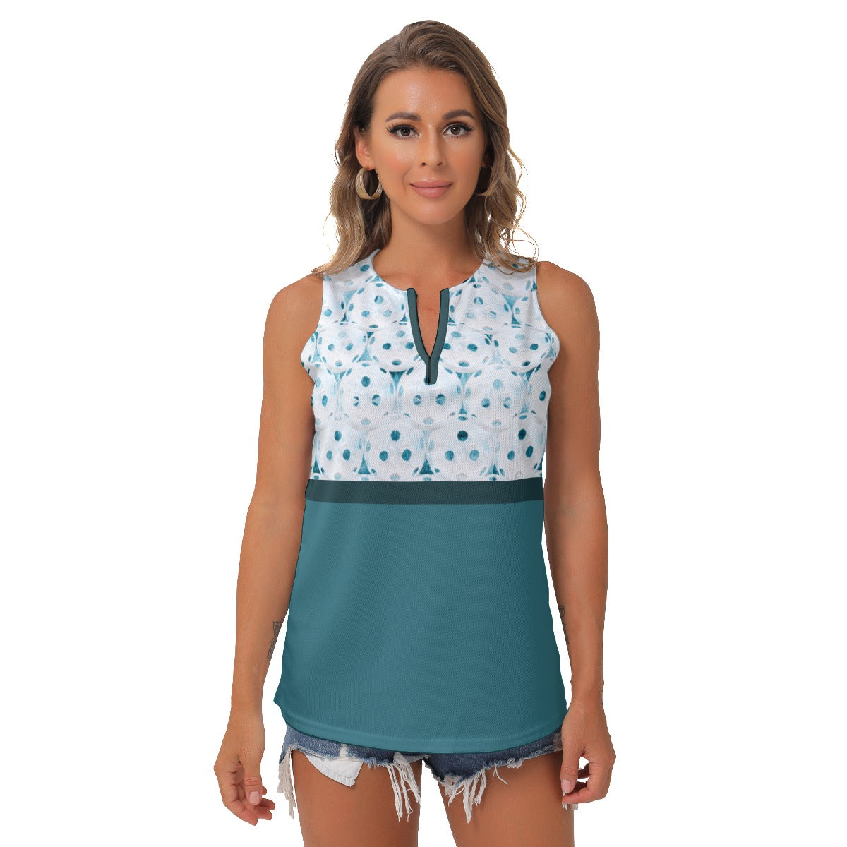 Heidi - TW - Balls/Teal - Women's Pickleball Sleeveless V-Neck Top by Dizzy Pickle