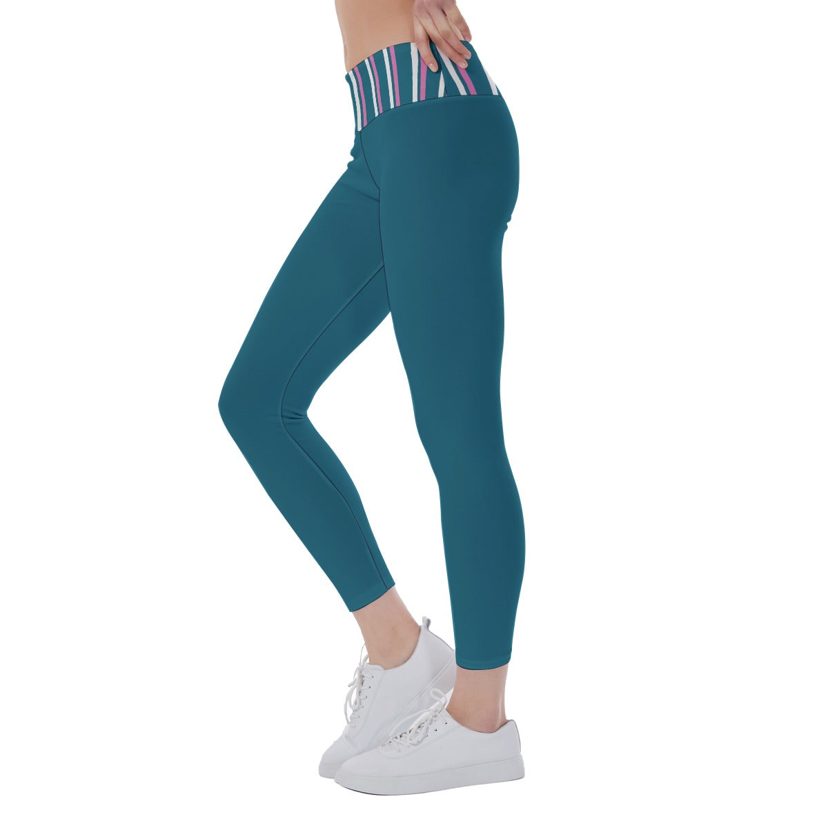 Coming Up Daisies - Peacock/Pink - Stripes - Women's Pickleball Leggings - Mid-Fit - by Dizzy Pickle