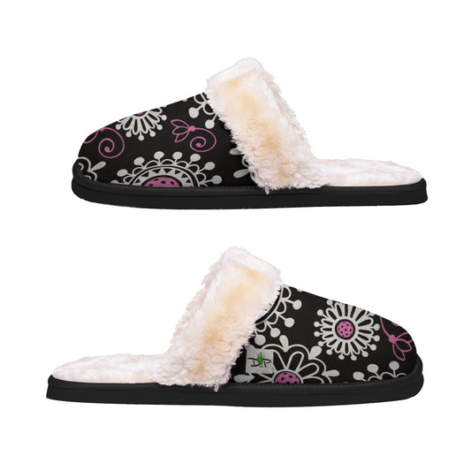 Coming Up Daisies - Black/Pink - Women's Pickleball Plush Slippers by Dizzy Pickle