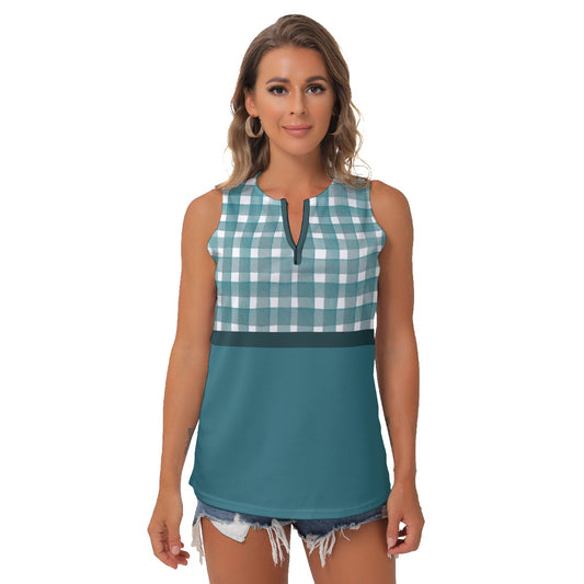 Heidi - TW - Gingham/Teal - Women's Pickleball Sleeveless V-Neck Top by Dizzy Pickle