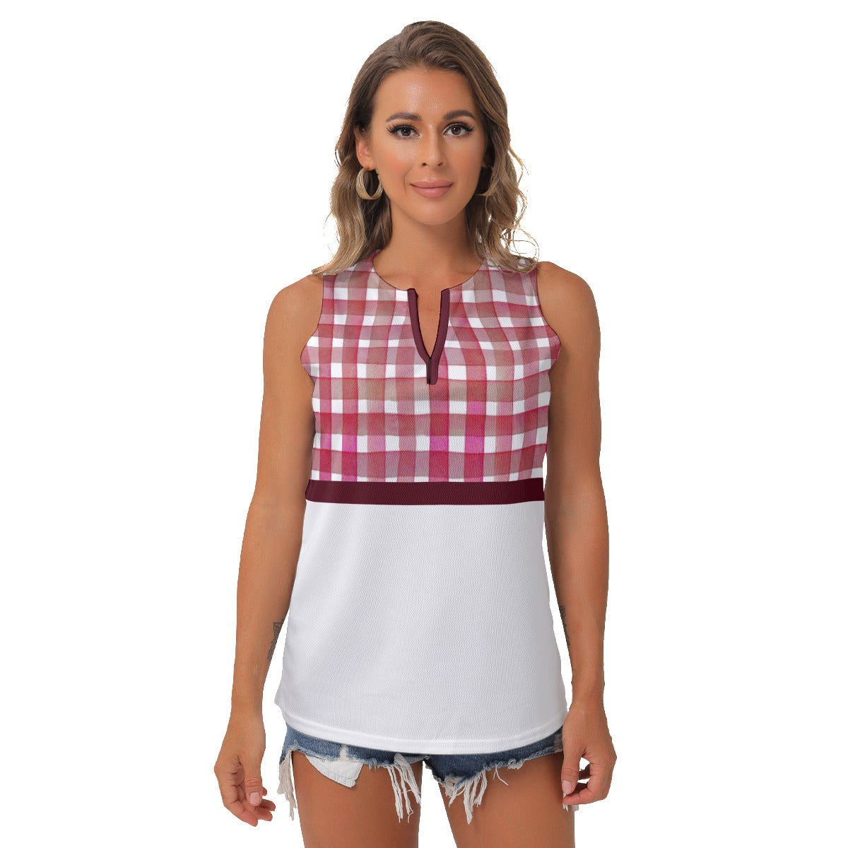 Heidi - RW - Gingham/White - Women's Pickleball Sleeveless V-Neck Top by Dizzy Pickle