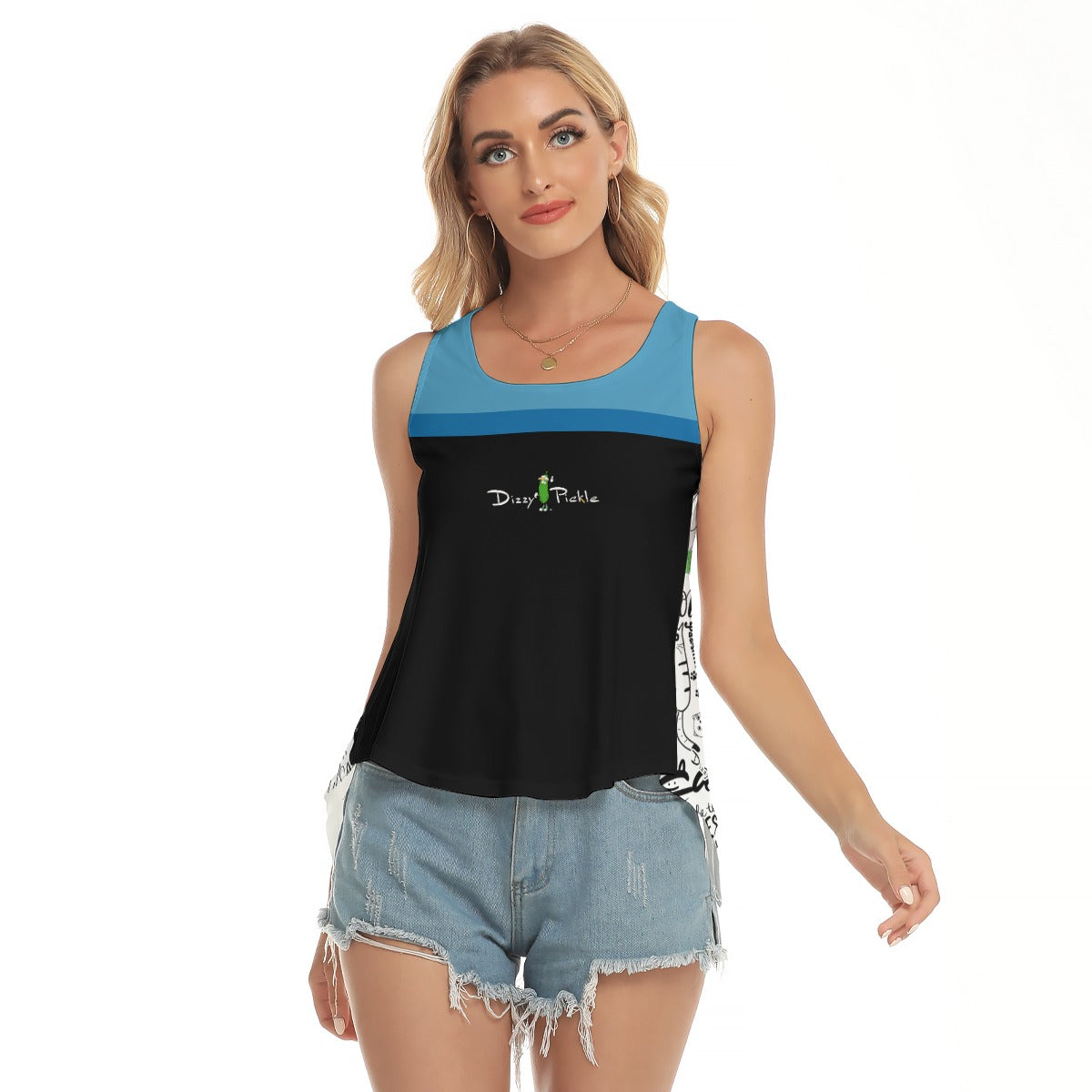 Dizzy Pickle Sassy Black Blue Women's Pickleball Open-Backed Sleeveless Tank Top