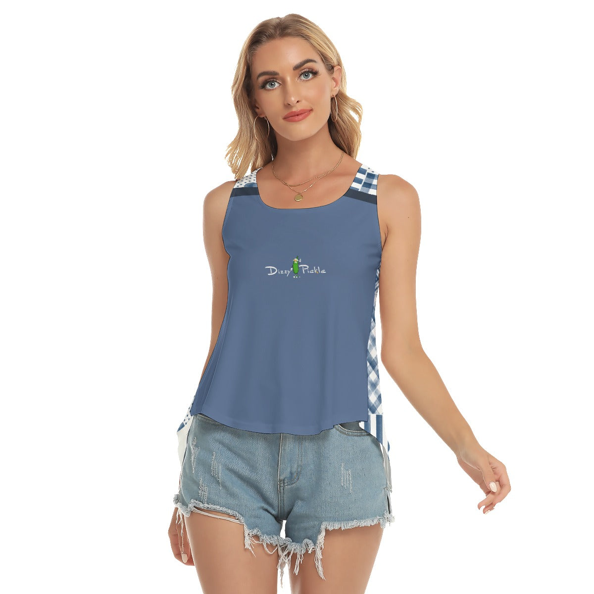 Heidi - BW -Blue/Patches - Pickleball Open-Backed Tank Top by Dizzy Pickle