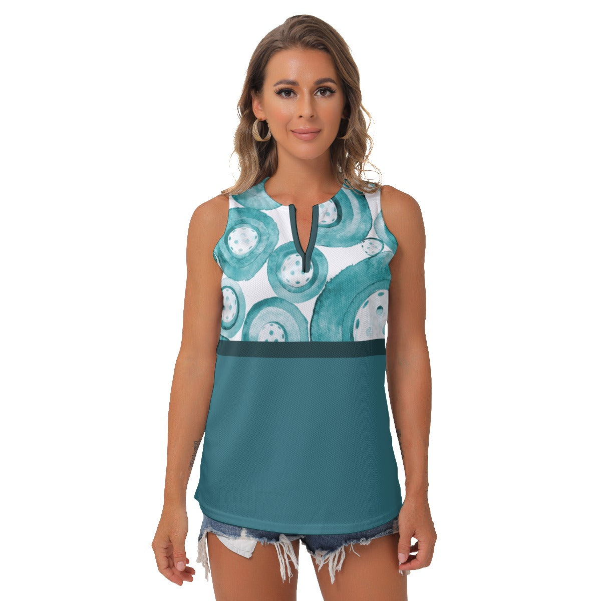 Heidi - TW - Main/Teal - Women's Pickleball Sleeveless V-Neck Top by Dizzy Pickle