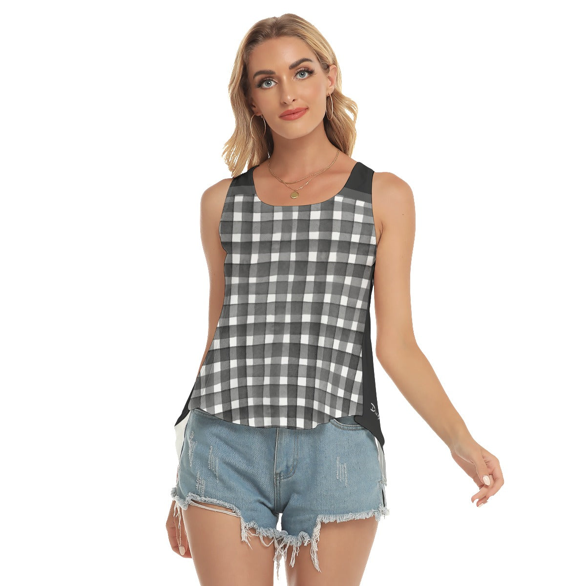 Dizzy Pickle Heidi BKW Gingham/Black Women's Pickleball Open-Backed Tank Top