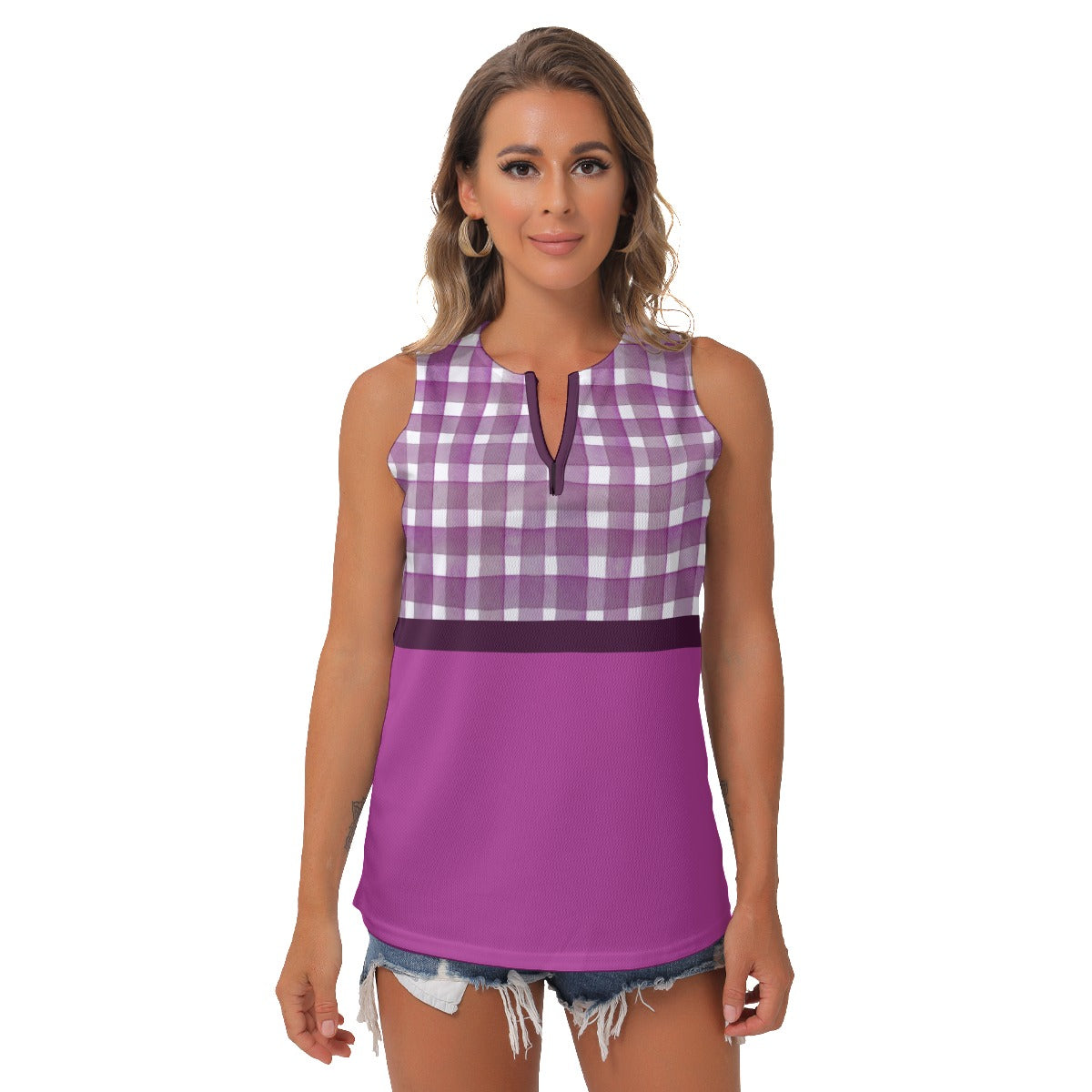 Heidi - MW - Gingham/Magenta - Women's Pickleball Sleeveless V-Neck Top by Dizzy Pickle