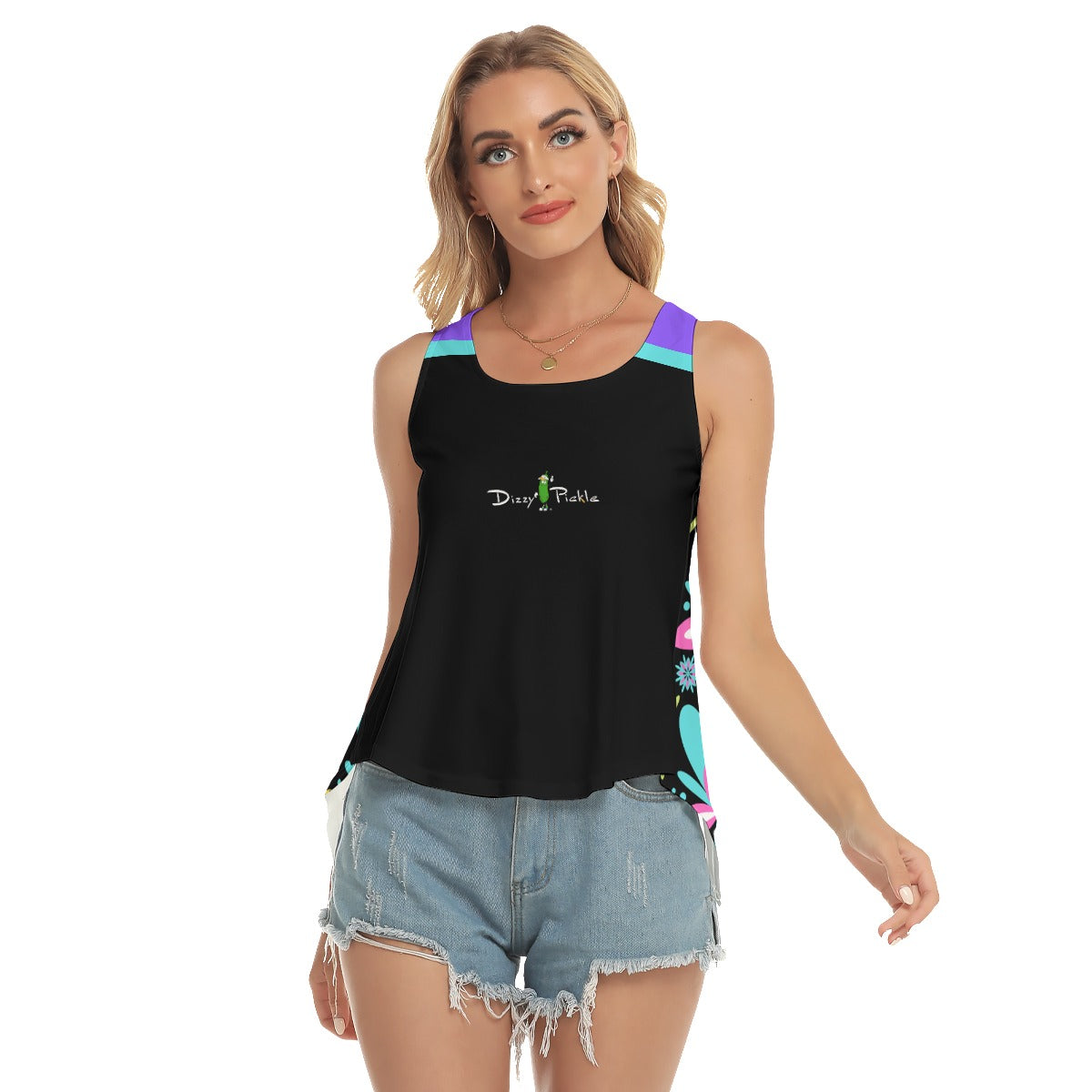 Dizzy Pickle Donna Black Flowers Women's Pickleball Open-Backed Sleeveless Tank Top