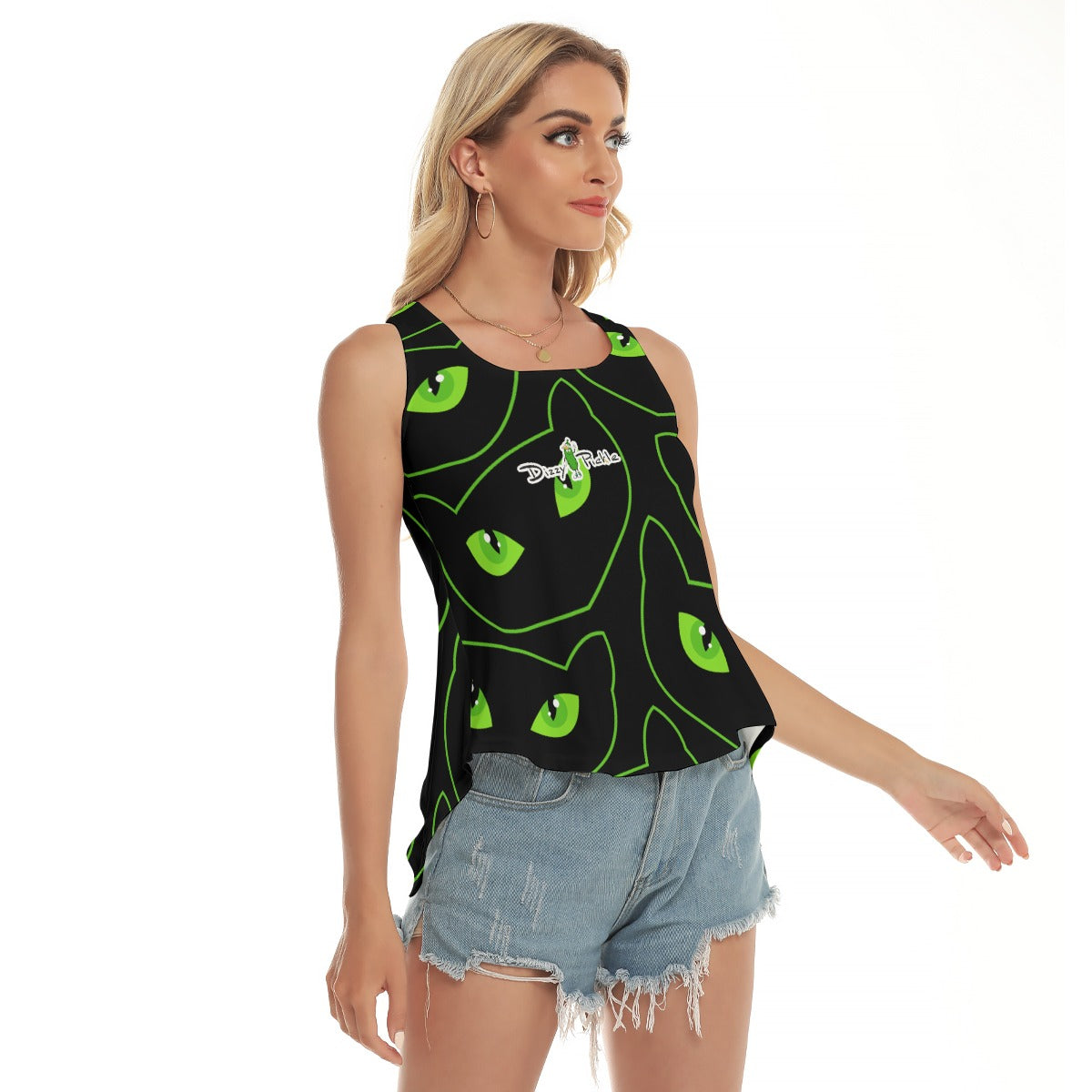 Dizzy Pickle Halloween Green Cat Eyes Women's Pickleball Open-Backed Sleeveless Tank Top