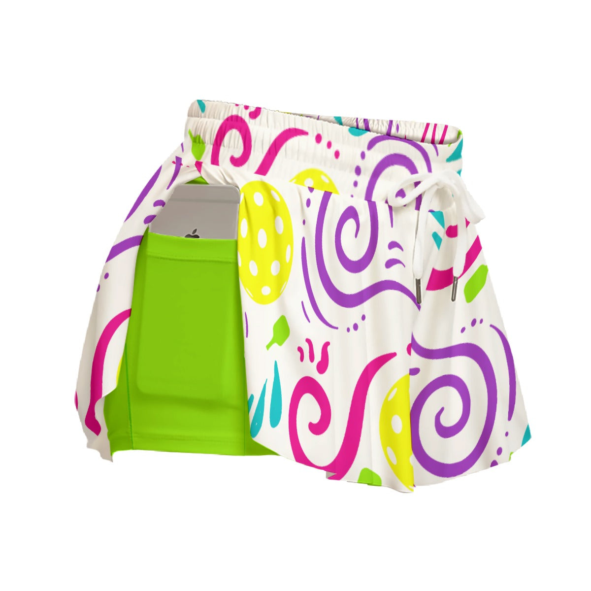 Dizzy Pickle It's Swell Women's Sport Culottes Skorts with Inner Shorts and Pockets White Lime Green