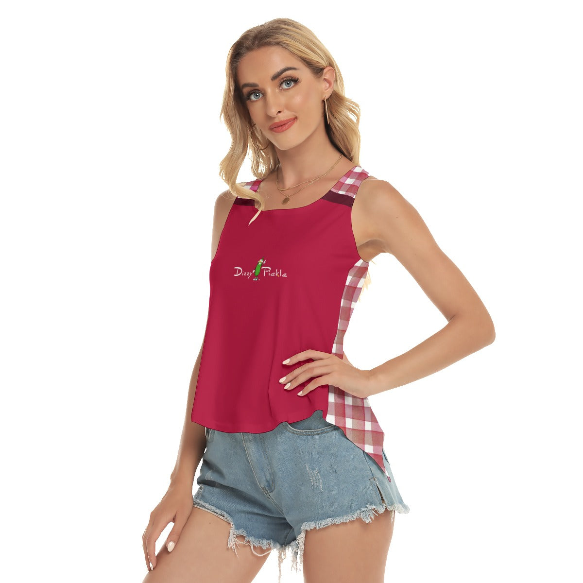 Dizzy Pickle Heidi RW Red/Gingham Women's Pickleball Open-Backed Tank Top