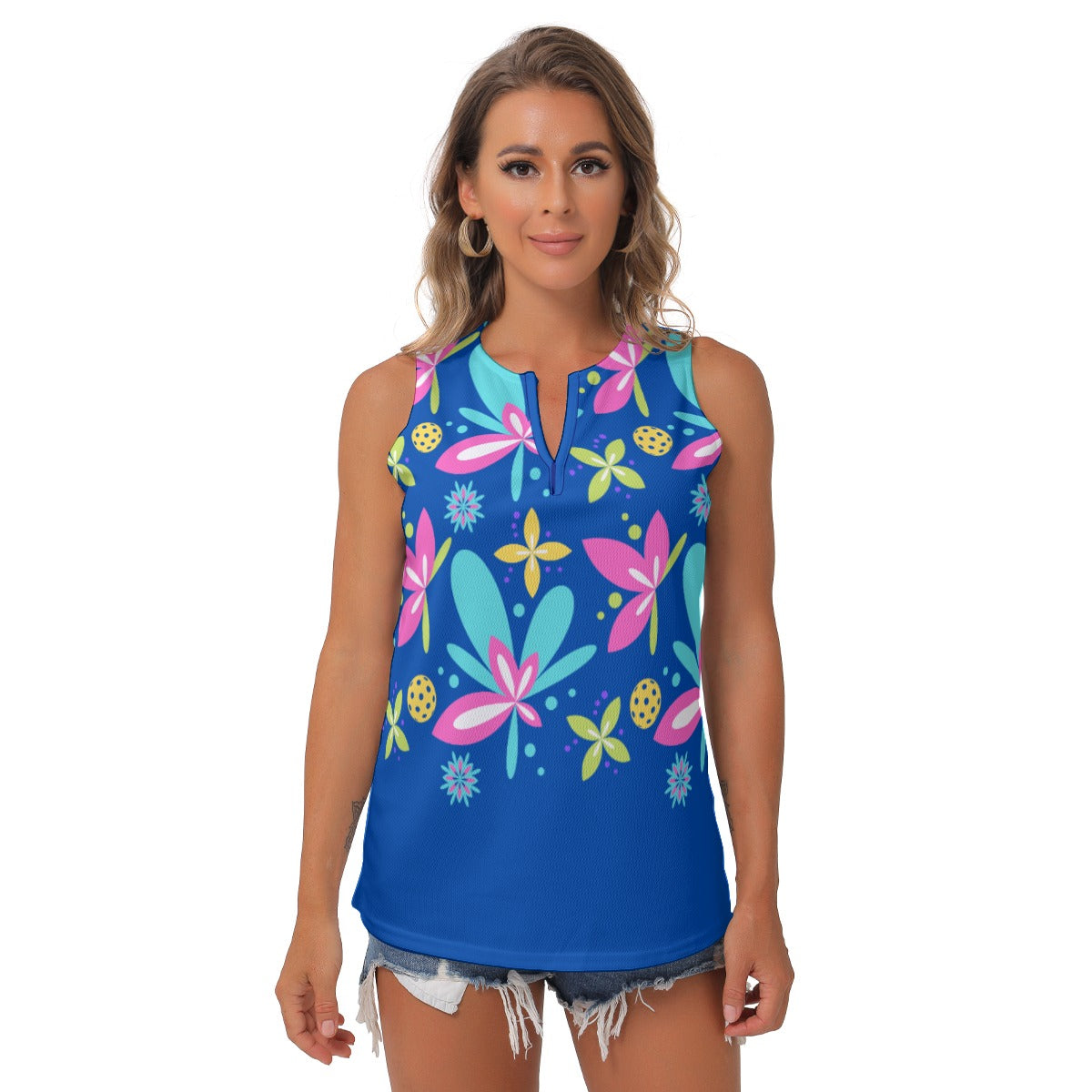 Dizzy Pickle Donna Blue Main Solid Women's Pickleball Sleeveless V-Neck Top