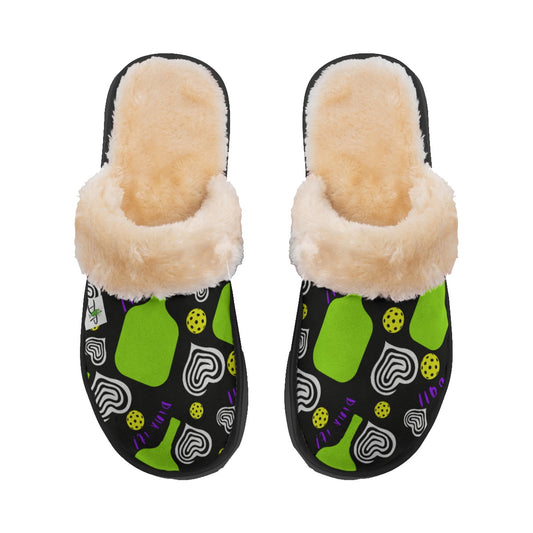 Dinking Diva Hearts - Black - Women's Pickleball Plush Slippers by Dizzy Pickle