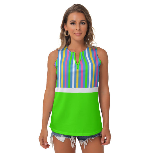 Julie - Green - Stripes - Women's Pickleball Sleeveless V-Neck Top by Dizzy Pickle