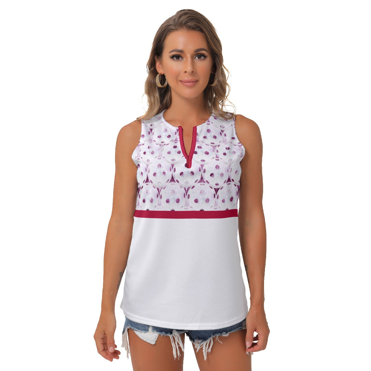 Heidi - RW - Balls/White - Women's Pickleball Sleeveless V-Neck Top by Dizzy Pickle