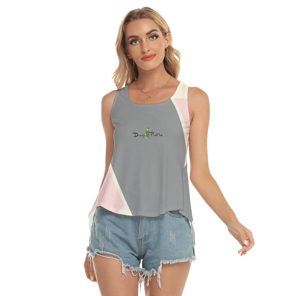 Vickie - Gray/Pink/Cream - Pickleball Open-Backed Tank Top by Dizzy Pickle