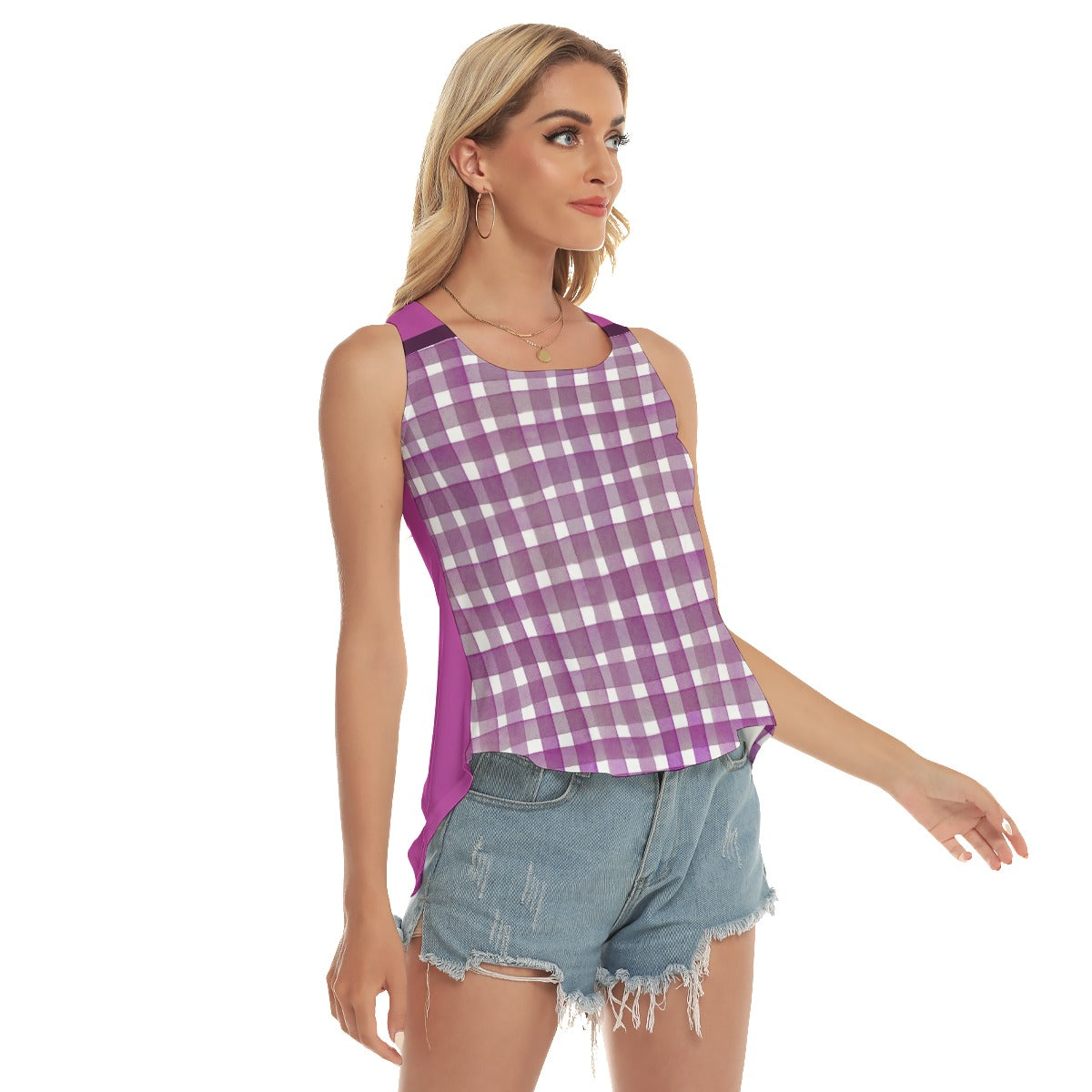 Dizzy Pickle Heidi MW Gingham/Magenta Women's Pickleball Open-Backed Tank Top