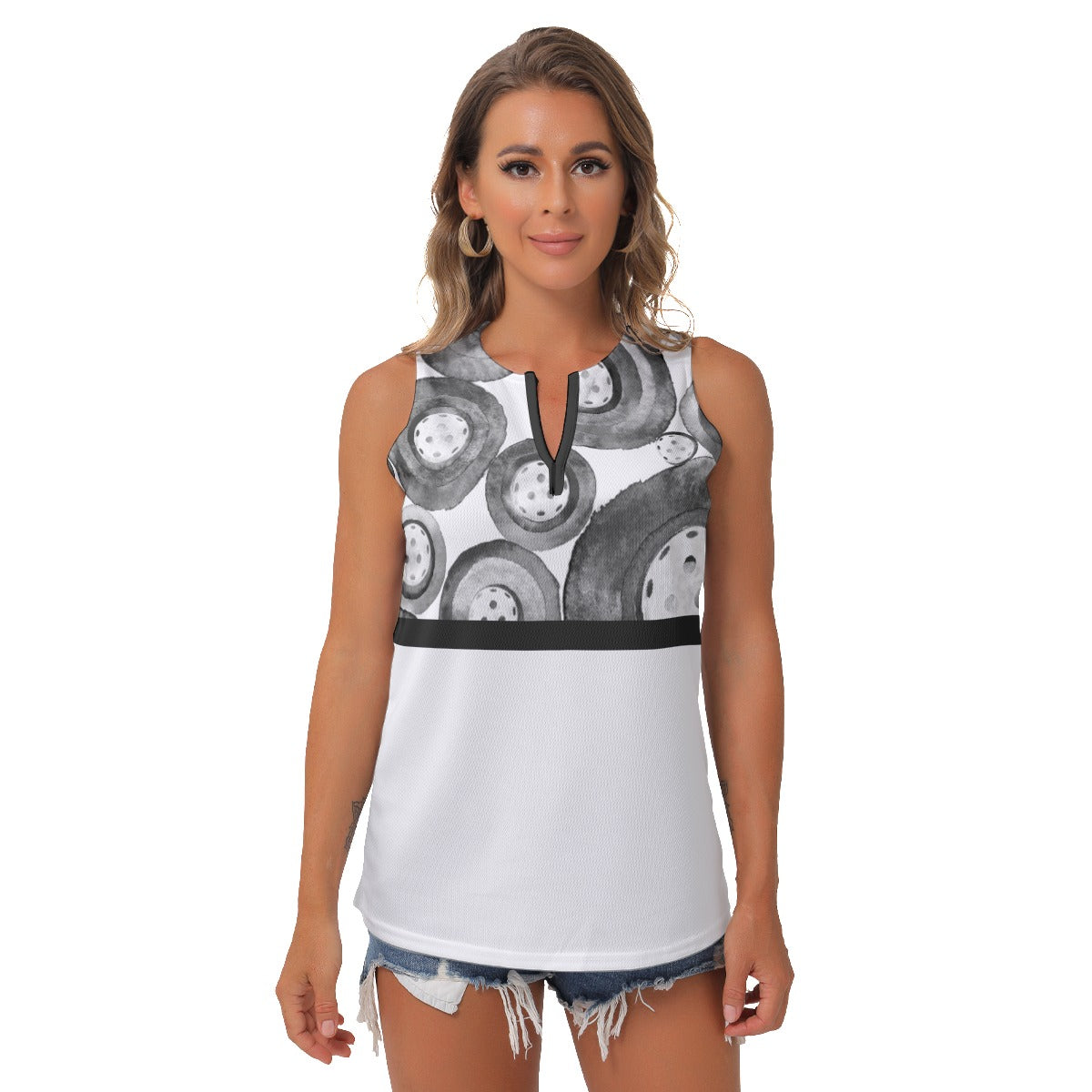 Heidi - BKW - Main/White - Women's Pickleball Sleeveless V-Neck Top by Dizzy Pickle