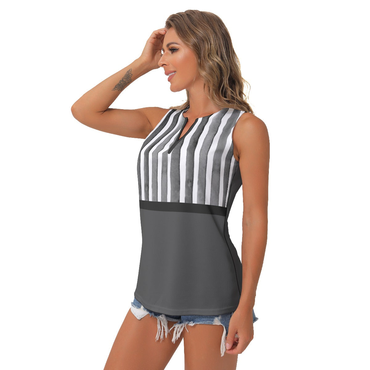 Heidi - BKW - Stripes/Black - Women's Pickleball Sleeveless V-Neck Top by Dizzy Pickle