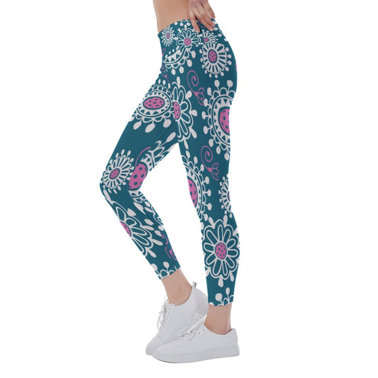 Coming Up Daisies - Peacock/Pink - Women's Pickleball Leggings - Mid-Fit - by Dizzy Pickle