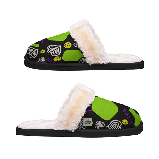 Dinking Diva Hearts - Black - Women's Pickleball Plush Slippers by Dizzy Pickle