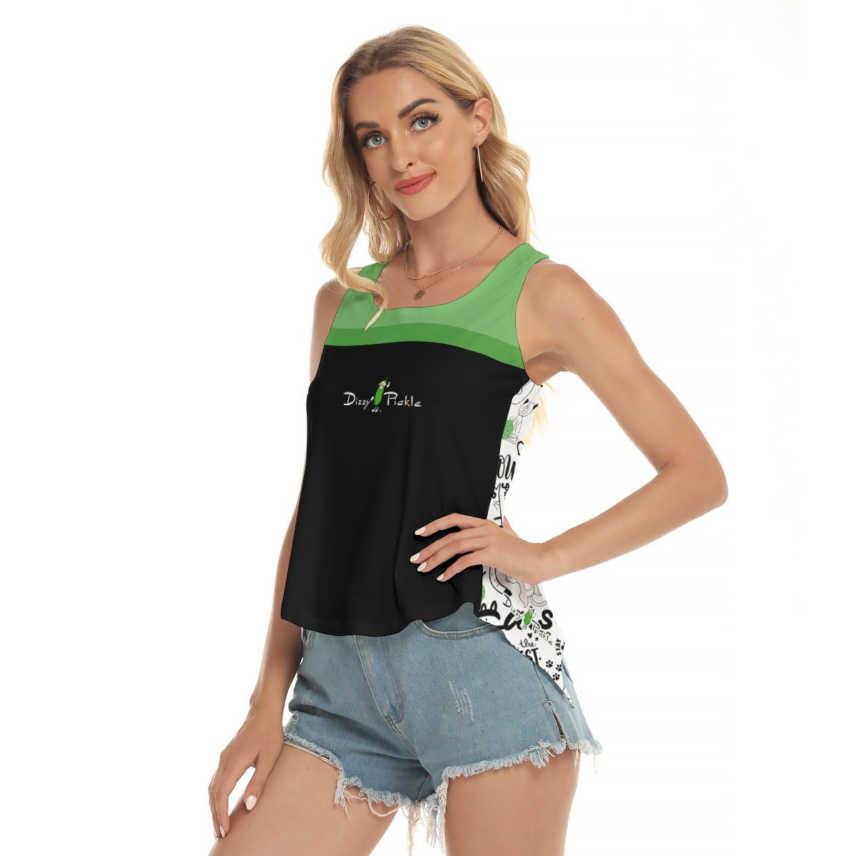 Dizzy Pickle Sassy Black Green Women's Pickleball Open-Backed Sleeveless Tank Top