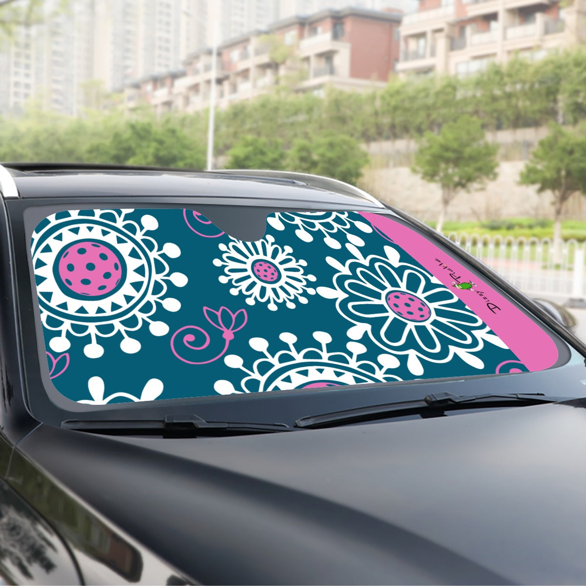 Coming Up Daisies - Peacock/Pink - Pickleball Windshield Sunshade by Dizzy Pickle