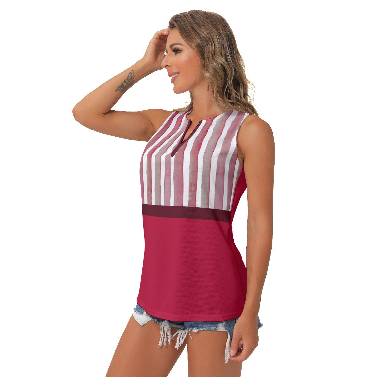 Heidi - RW - Stripes/Red - Women's Pickleball Sleeveless V-Neck Top by Dizzy Pickle