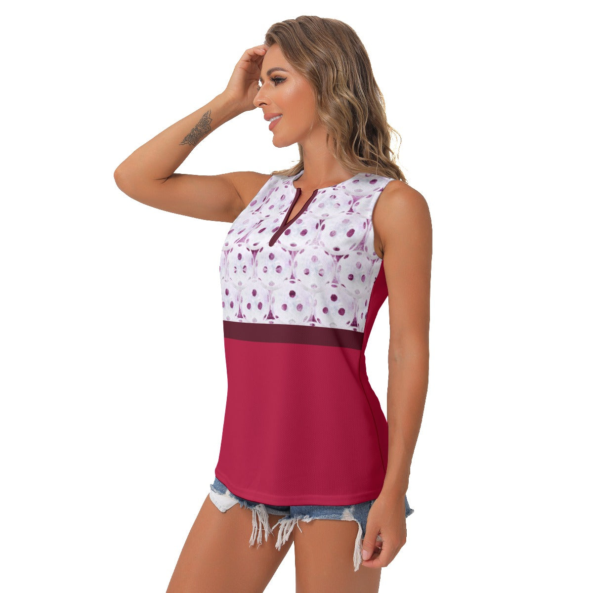 Heidi - RW - Balls/Red - Women's Pickleball Sleeveless V-Neck Top by Dizzy Pickle