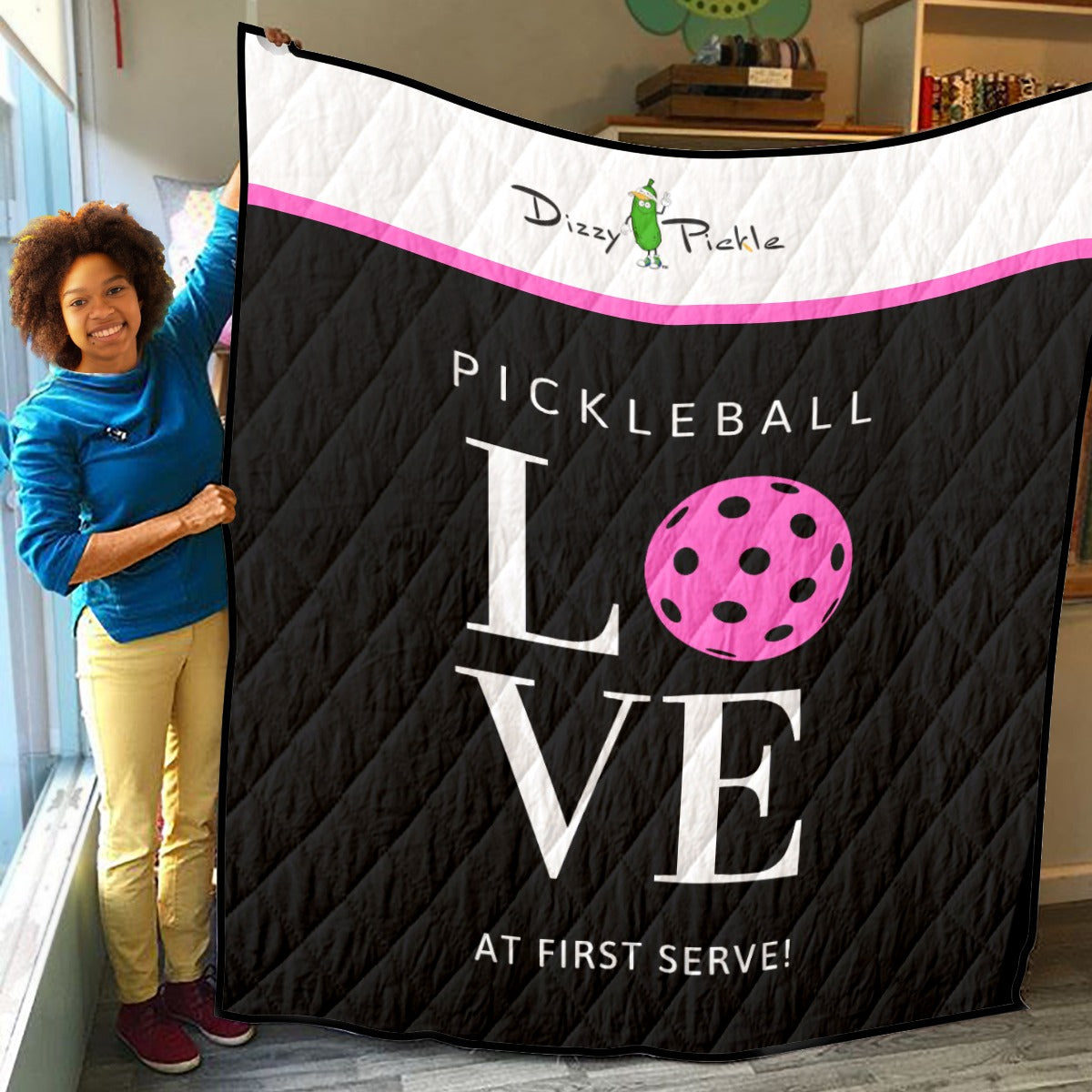 Pickleball Love at First Serve - Black/Pink - Lightweight Quilt by Dizzy Pickle