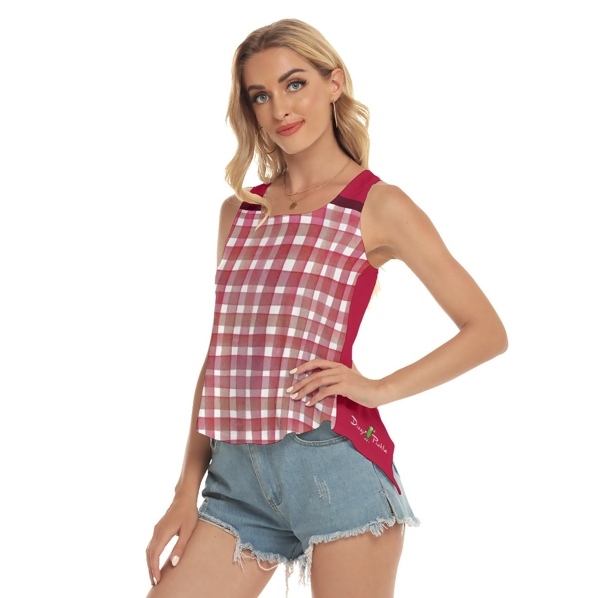 Heidi - RW - Gingham/Red - Pickleball Open-Backed Tank Top by Dizzy Pickle