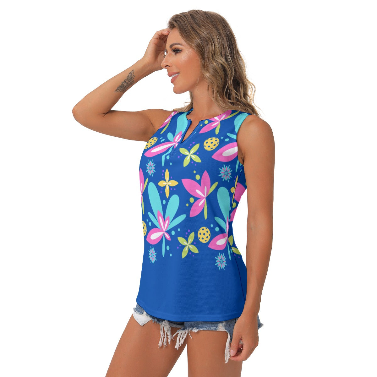 Dizzy Pickle Donna Blue Main Solid Women's Pickleball Sleeveless V-Neck Top