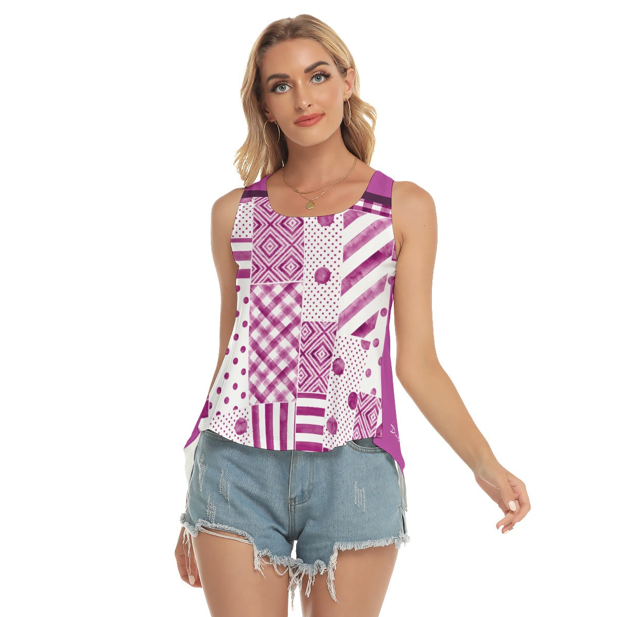 Heidi - MW - Patches/Magenta - Pickleball Open-Backed Tank Top by Dizzy Pickle