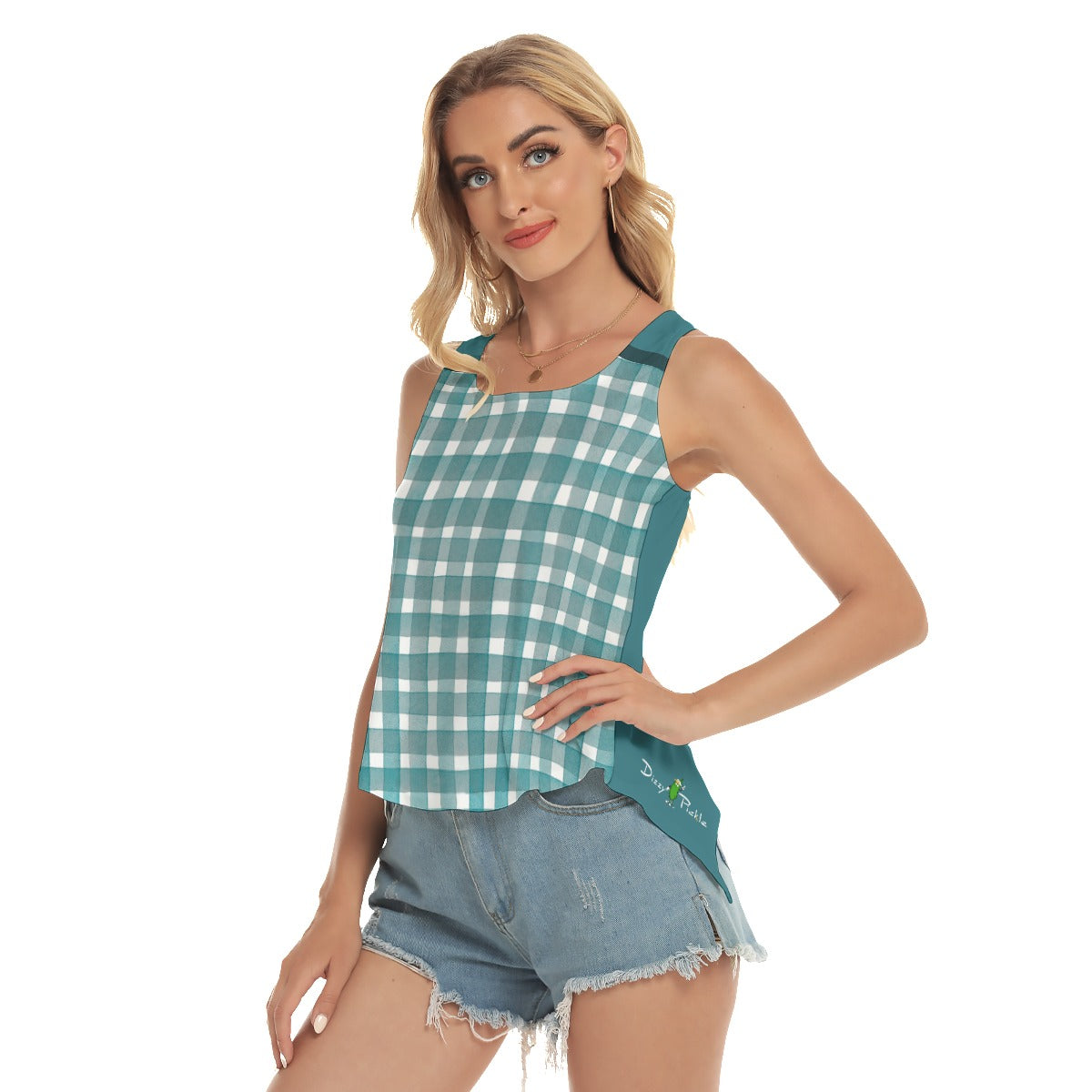 Heidi - TW - Gingham/Peacock - Pickleball Open-Backed Tank Top by Dizzy Pickle