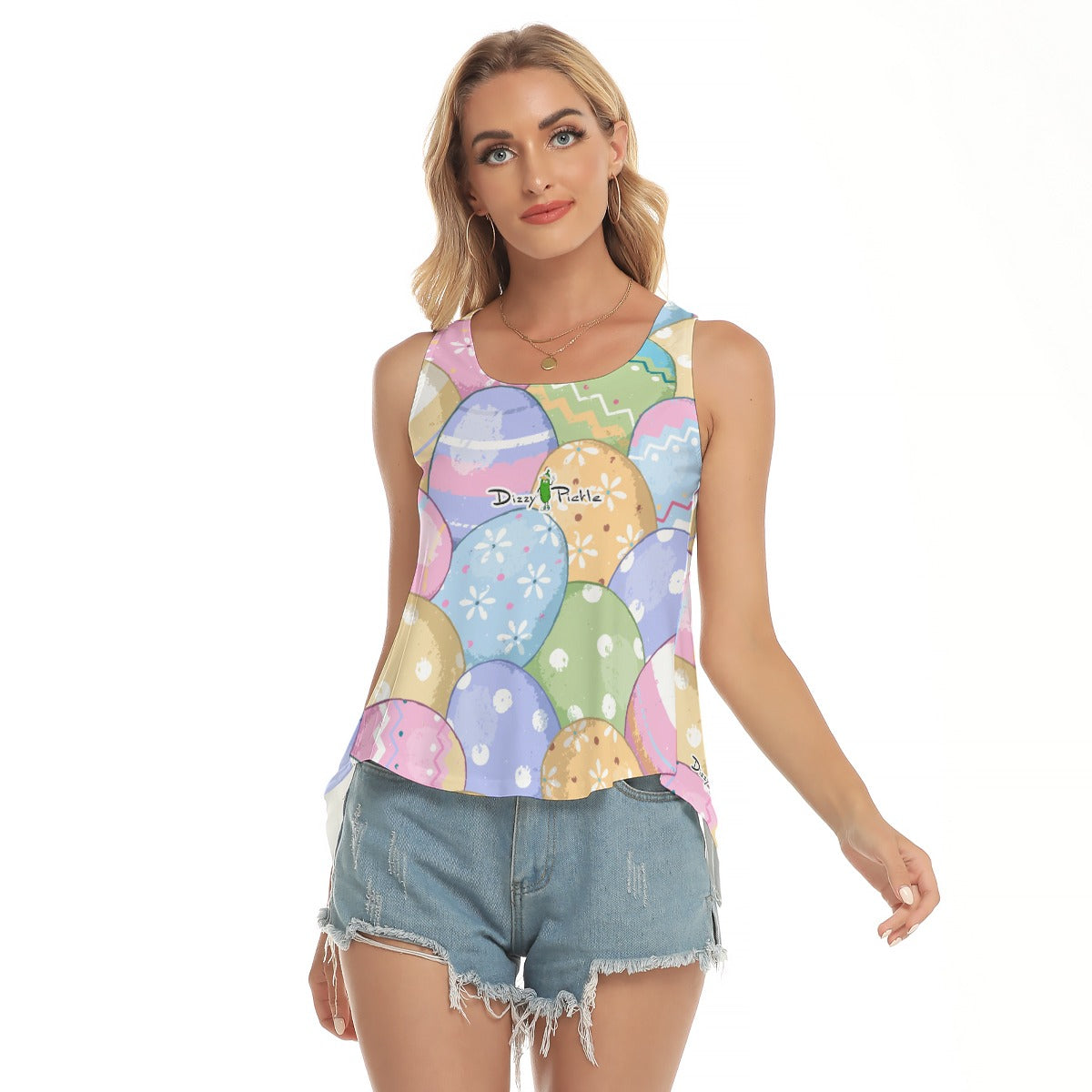 Dizzy Pickle Easter Painted Eggs Women's Pickleball Open-Backed Sleeveless Tank Top